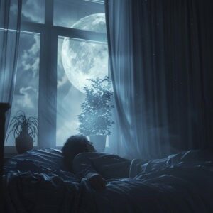 Schlafende Person in einem dunklen Zimmer bei hellem Mondlicht