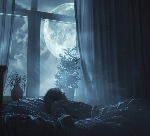 Schlafende Person in einem dunklen Zimmer bei hellem Mondlicht